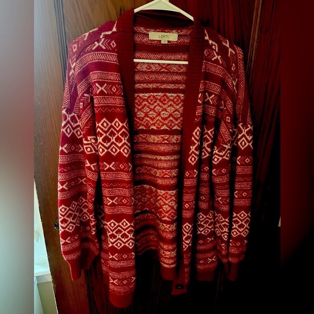 Loft red fairisle cardigan, size L